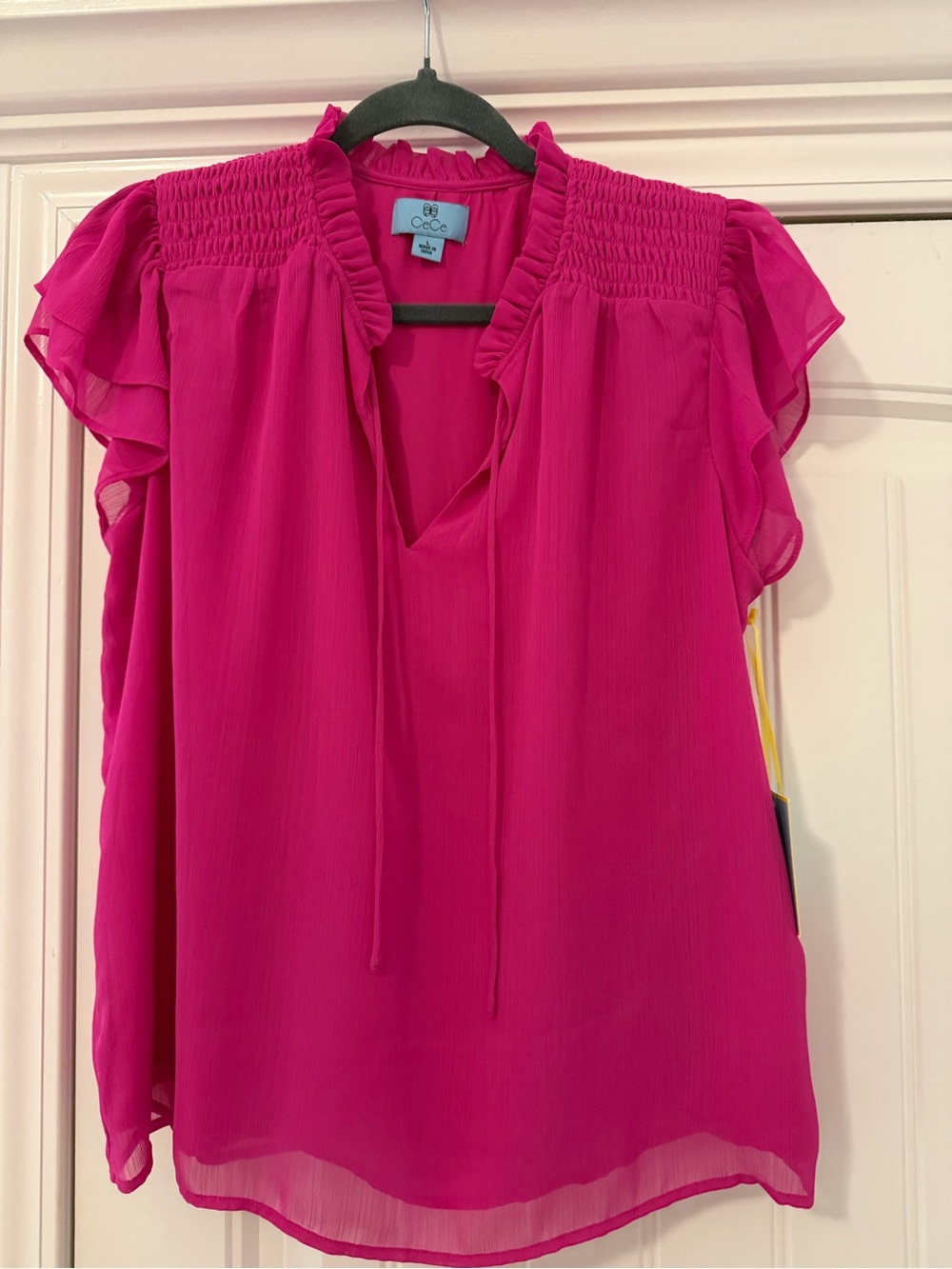 CeCe Bright Fuchsia Ruffle Sleeve V-Neck Blouse